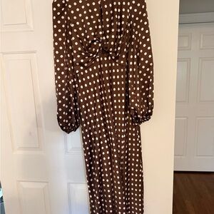 Astr Brown and White Polka Dot Long Sleeve Knot Front Dress